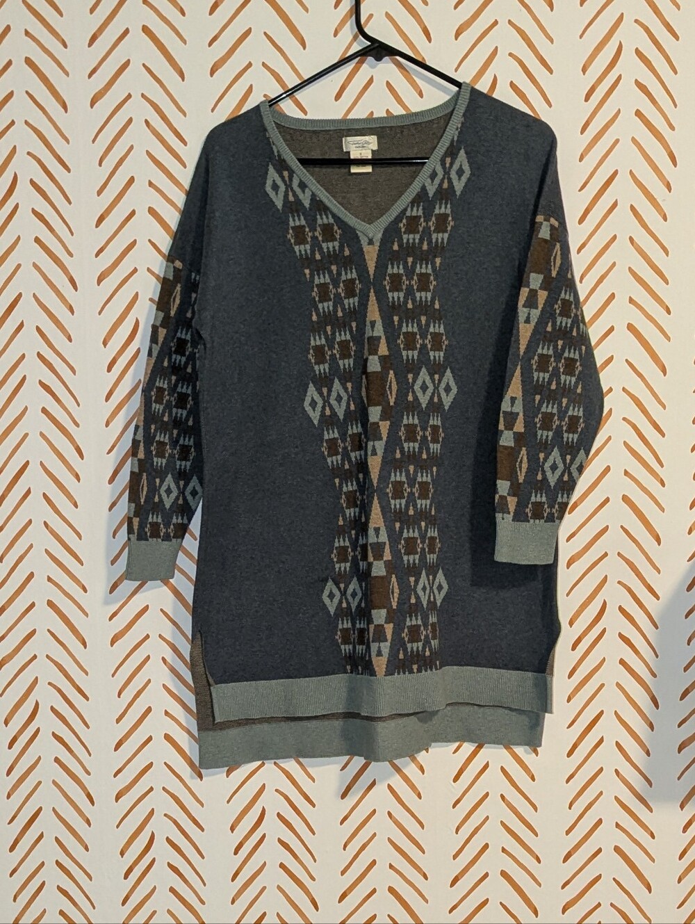 Classic Patterned V-Neck Sweater Tunic Oversized - Blue